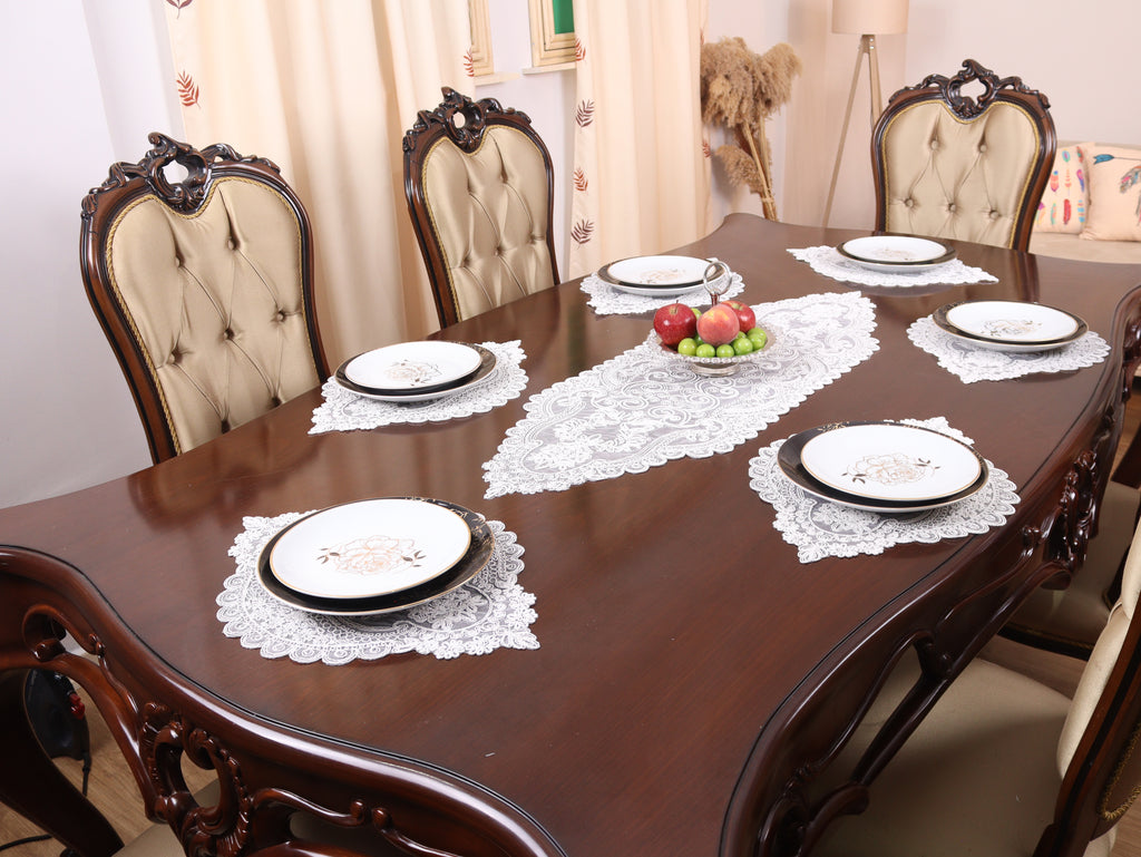 Ensemble de 7 pièces Valonia à Brodé Blanc, 6 sous plats 36x52cm + chemin de table 115x38cm