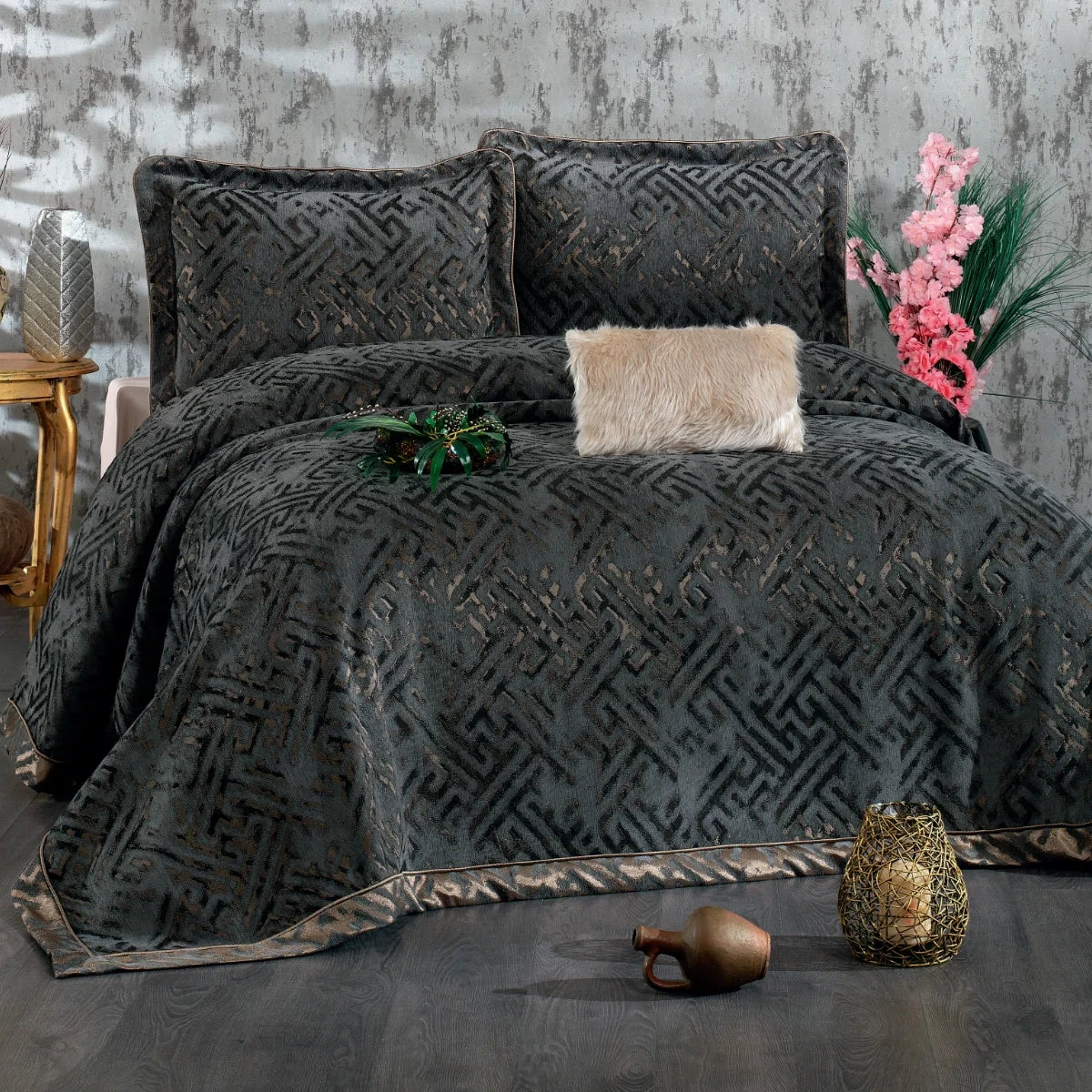 Couvre-Lit  DIAMON gris anthracite 4 pièces