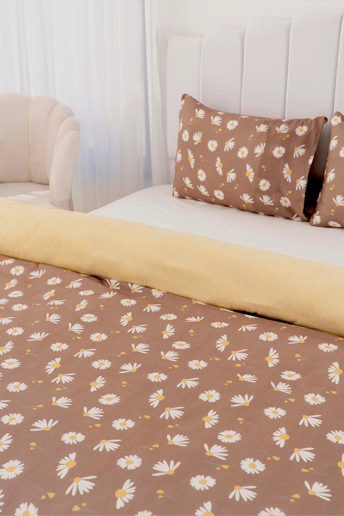 Ensemble de housse de couette double kahverengi papatyalı